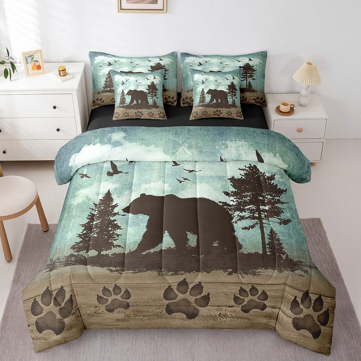 Erosebridal Rustic Bear Bed in a Bag Queen size, Jungle Wildlife Bedding Queen Size, Farmhouse Theme Reversible Bed Set, Super Cozy Room Decoration, 7pcs