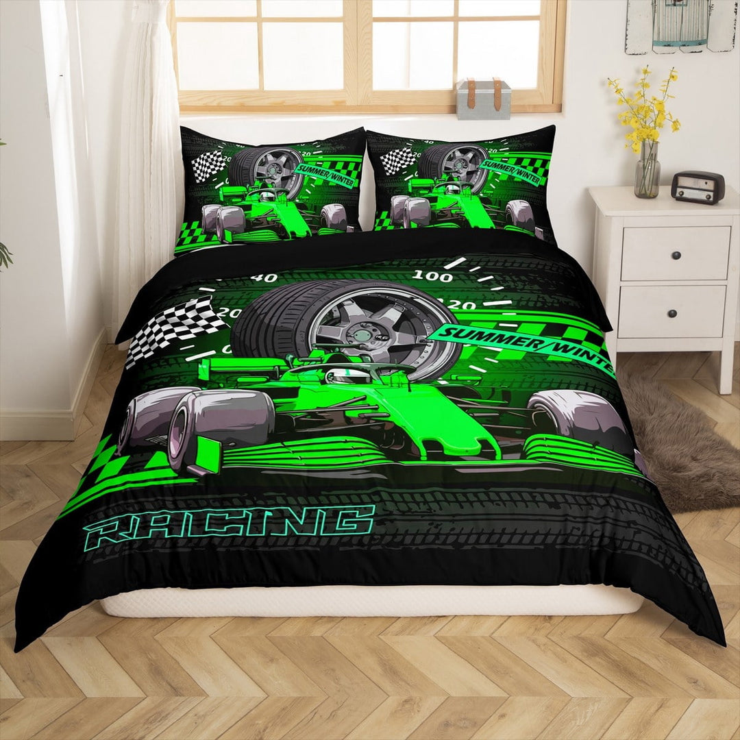 Manfei Racing Car 2pcs Duvet Cover Twin for Kids Teens Female Men,Geometric Plaid Bedding Sets Twin Size,Black Green Comforter Cover Breathable,Super Cozy Sport Bedroom Decorative(No Comforter)