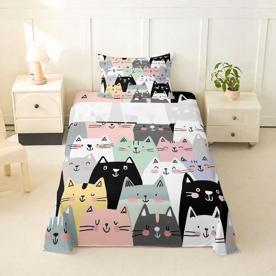 Erosebridal Cartoon Animals Kids Twin Sheet Sets, Kitten Cat Lover Bedding, 3-Piece