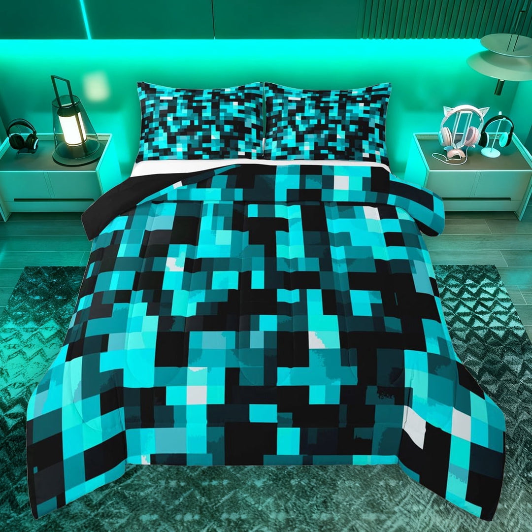 Manfei Pixel Grid Miners Full Size Comforter Sets,Cartoon Gamepad Vindo Bedding Comforter Set,Cyan Black Bedding Sets For Kids,Microfiber Bedroom Decor Reversible,3pcs