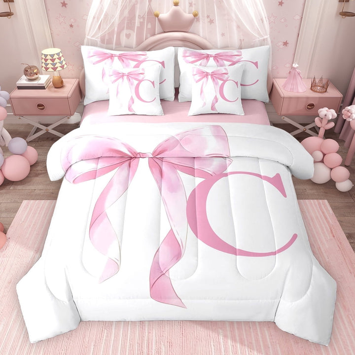 Erosebridal Girls Pink Bow Twin Bedding Sets, C Letter Bedding Comforter Set, Princess Style Bedroom Decor, Pink Reversible 7-Piece