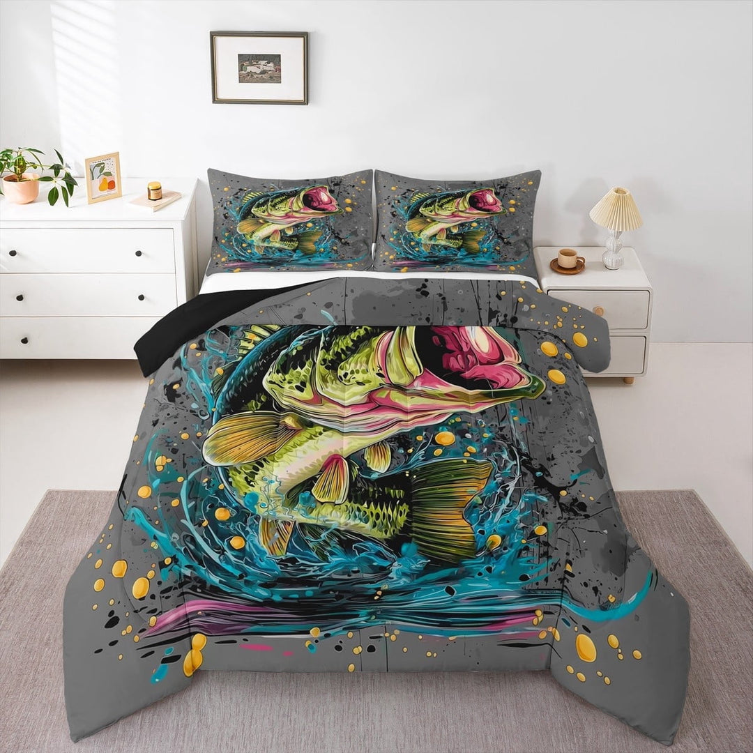 jejeloiu Bass Big Fish Full Size Comforter Sets,Pike Fish Bedding Comforter Set,Hunting And Fishing Bedding Sets For Boys Teens,Luxury Bedroom Decor Reversible,3pcs