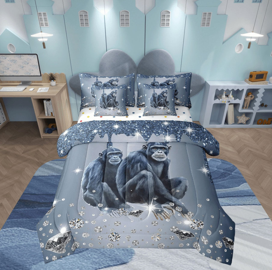Chimpanzee Comforter Set 7 Piece Bed in a Bag Twin,Grey Sequin Fluid Art Bedding Set,Crystal Diamond Comforter and Sheet Set Animal Bed Set,Jungle Wildlife Room Decor