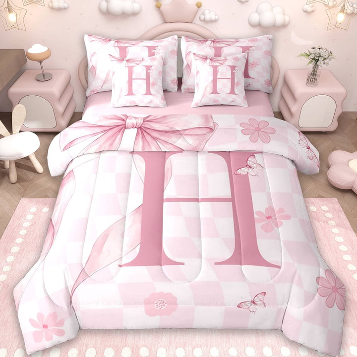 Erosebridal Letter H Monogrammed 7-Piece Twin Bedding Sets,Modern Geometric Pattern Bedding Comforter Set For Kids Girls,Reversible pink