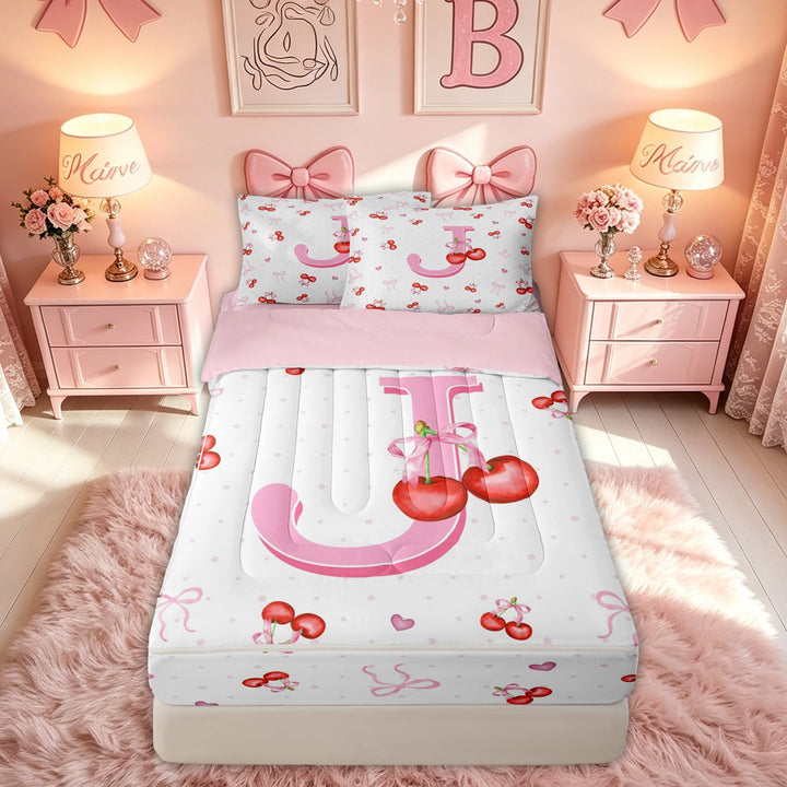 meiyoeat Cute Cherry Letter J Zipper Twin Comforter Sets with Fitted Sheet and 2 Pillowcases for Kids, Bowknot Fruit Zipper Bedding Set for Bedroom, Pink, Pink Reversible, 4 Pieces