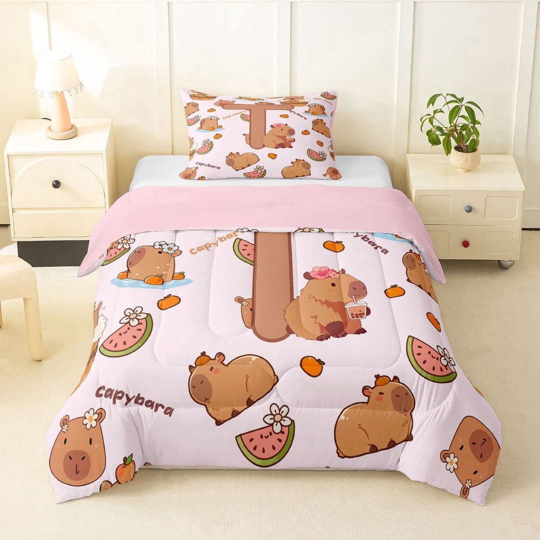 Erosebridal Girls Personalized Initial T Cute Capybara Twin Comforter Sets 3-Piece For Kids,Cartoon Fruit Orange Watermelon Flowers Bedding Set,Pink Reversible