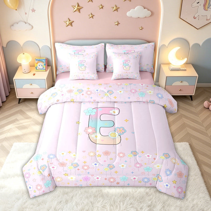 meiyoeat Floral Flower E Initial Rainbow Full Size Bedding Sets, Watercolor Galaxy Stars Full Size Bed in a Bag for Girls, Pink Reversible, 7-Piece