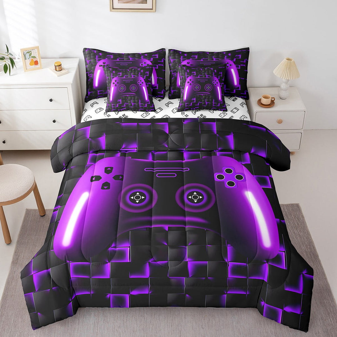 Gaming Twin Bedding Sets Teen Game Controller Bed In A Bag 7 Piece Gamer Comforter Set For All Season,Purple Black Geometric Check Bed Set For Young,Soft Lightweight