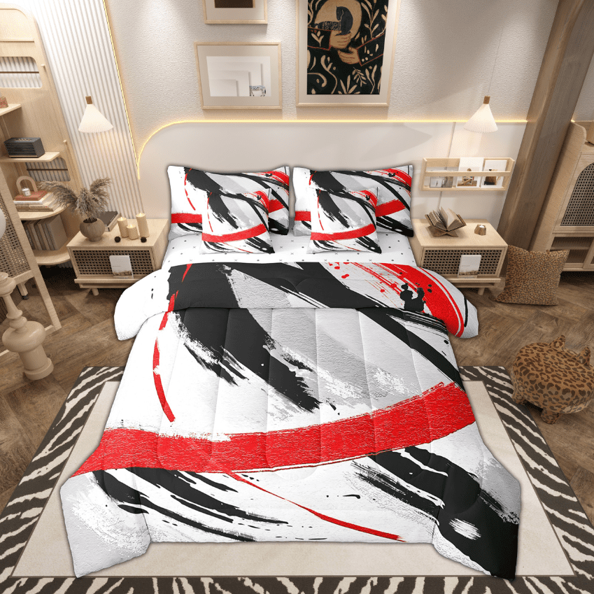 Black Grey Red Bedding Comforter Sets 7 Pieces Brush Strokes Oil Painting Bed in a Bag Gradient Abstract Vintage Bedding Set Ombre Graffiti King Size Comforter Set Modern Bedding Sets &amp; Collections