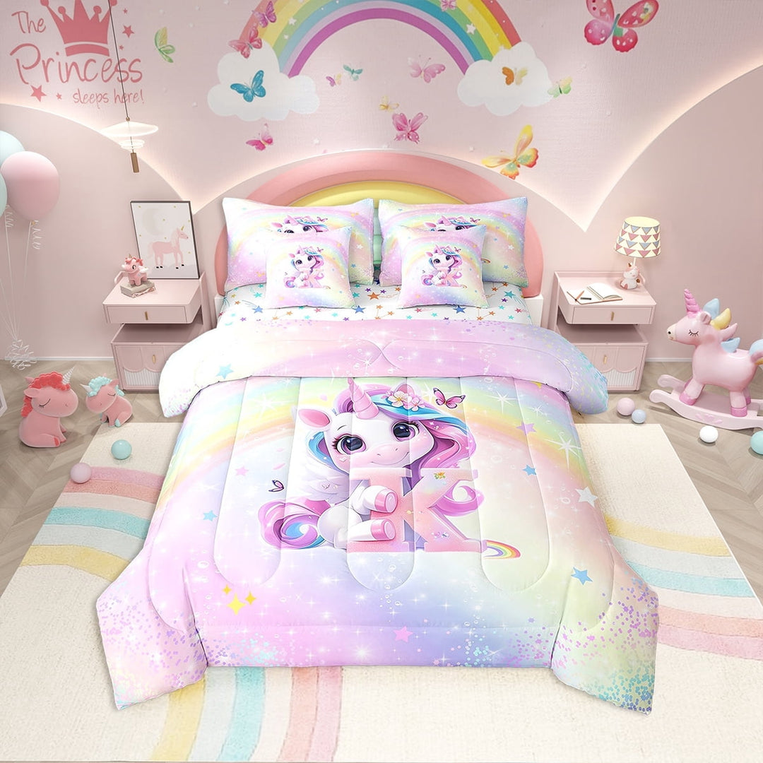 Erosebridal Pink Unicorn Bedding Sets Twin Size, Initial K Letter Comforter Sets with Sheets, Cartoon Animal Decor, Reversible