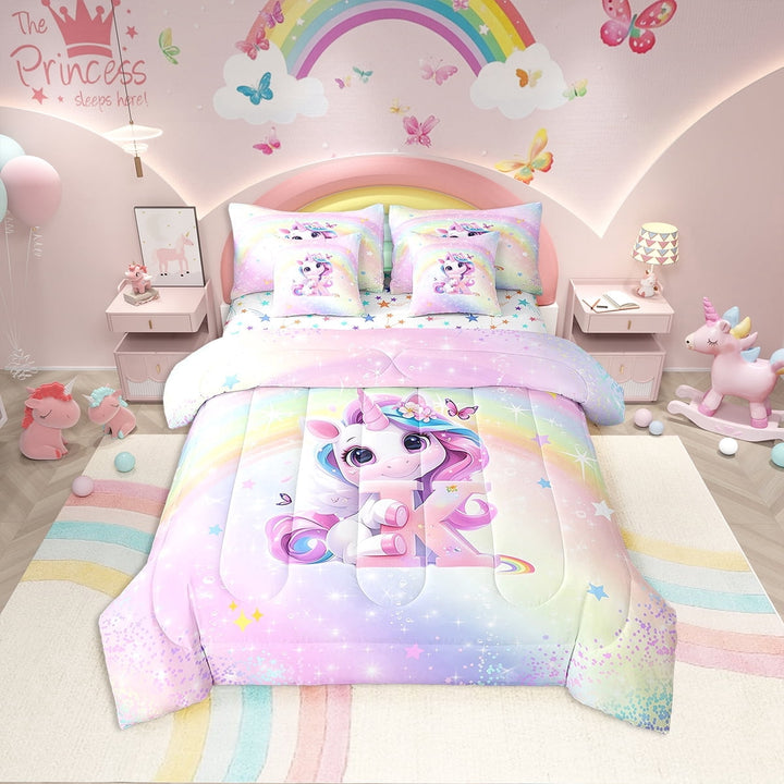 Erosebridal Pink Unicorn Bedding Sets Twin Size, Initial K Letter Comforter Sets with Sheets, Cartoon Animal Decor, Reversible