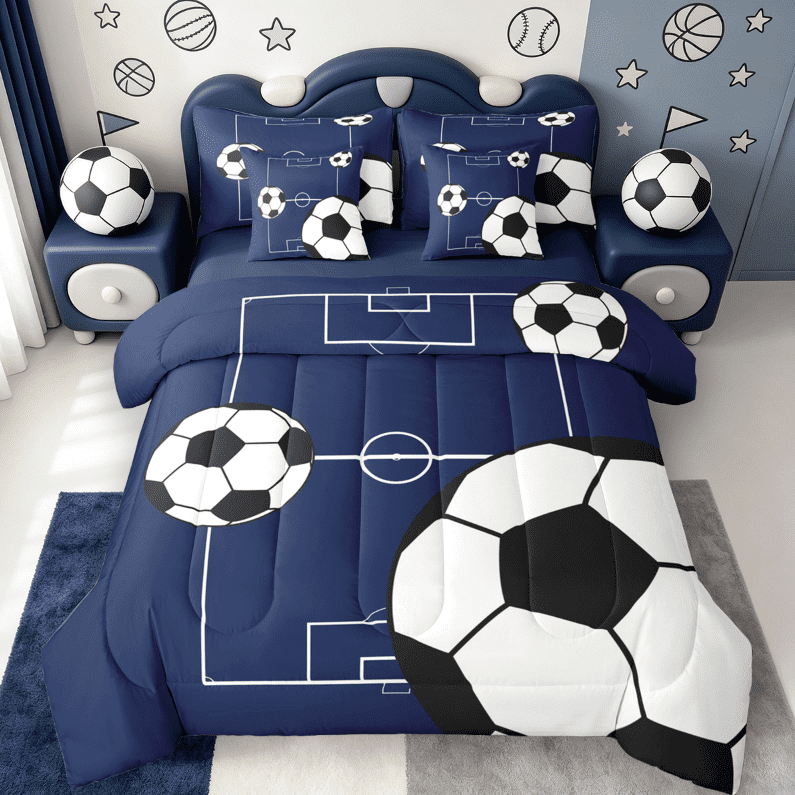 Manfei Football Sports 7 Pieces Bedding Comforter Set,Soccer Game Full Bedding Set,Boys Ball Gaming Fitted Sheet Flat Sheet For Kids,Luxury Bedroom Decor Reversible