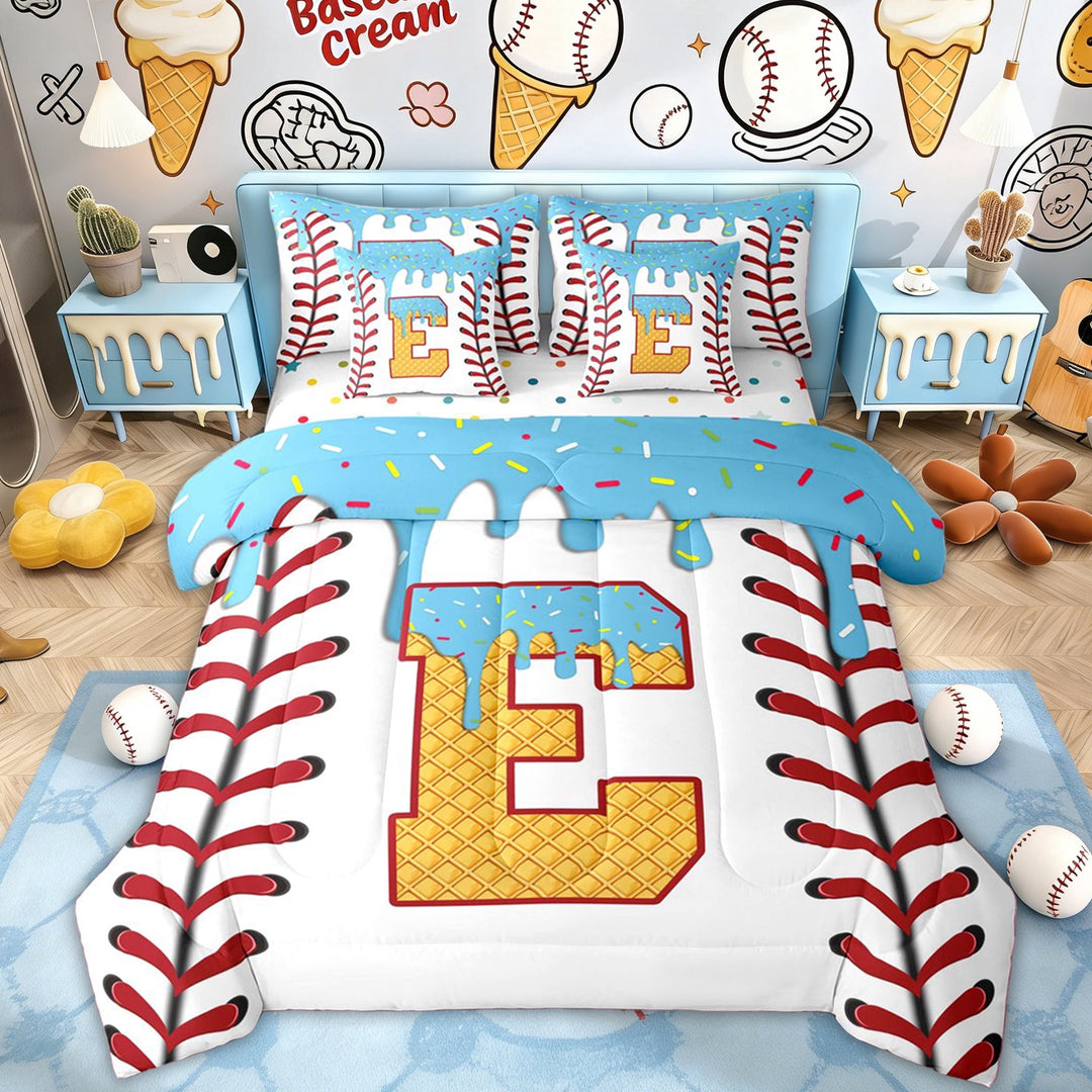 Erosebridal Kid Initial E Letter Twin Bedding Sets, Blue Ice Cream Baseball Bedding Comforter Set, 7-Piece