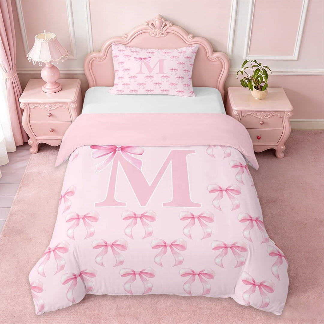 Erosebridal Coquette Bow Tie Twin Bedding For Kids,Pink Letter M Monogram Duvet Cover Set,Pink Reversible,2pcs(No Comforter)