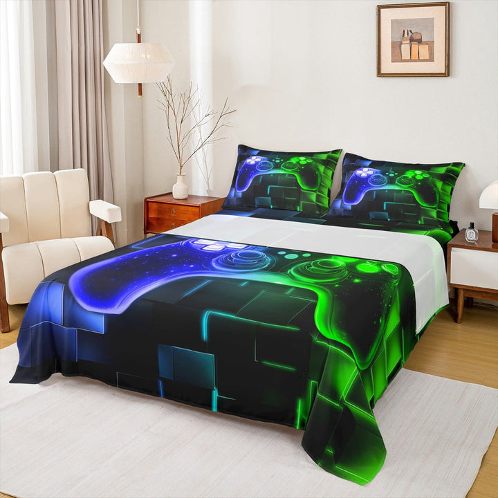 Erosebridal Kids Gamer Bed Sheets Set Full,Gaming Sheet Set,Video Games Gamepad Sheets Neon Glowing Square Geometric Grid Blue Green Flat Fitted Sheet