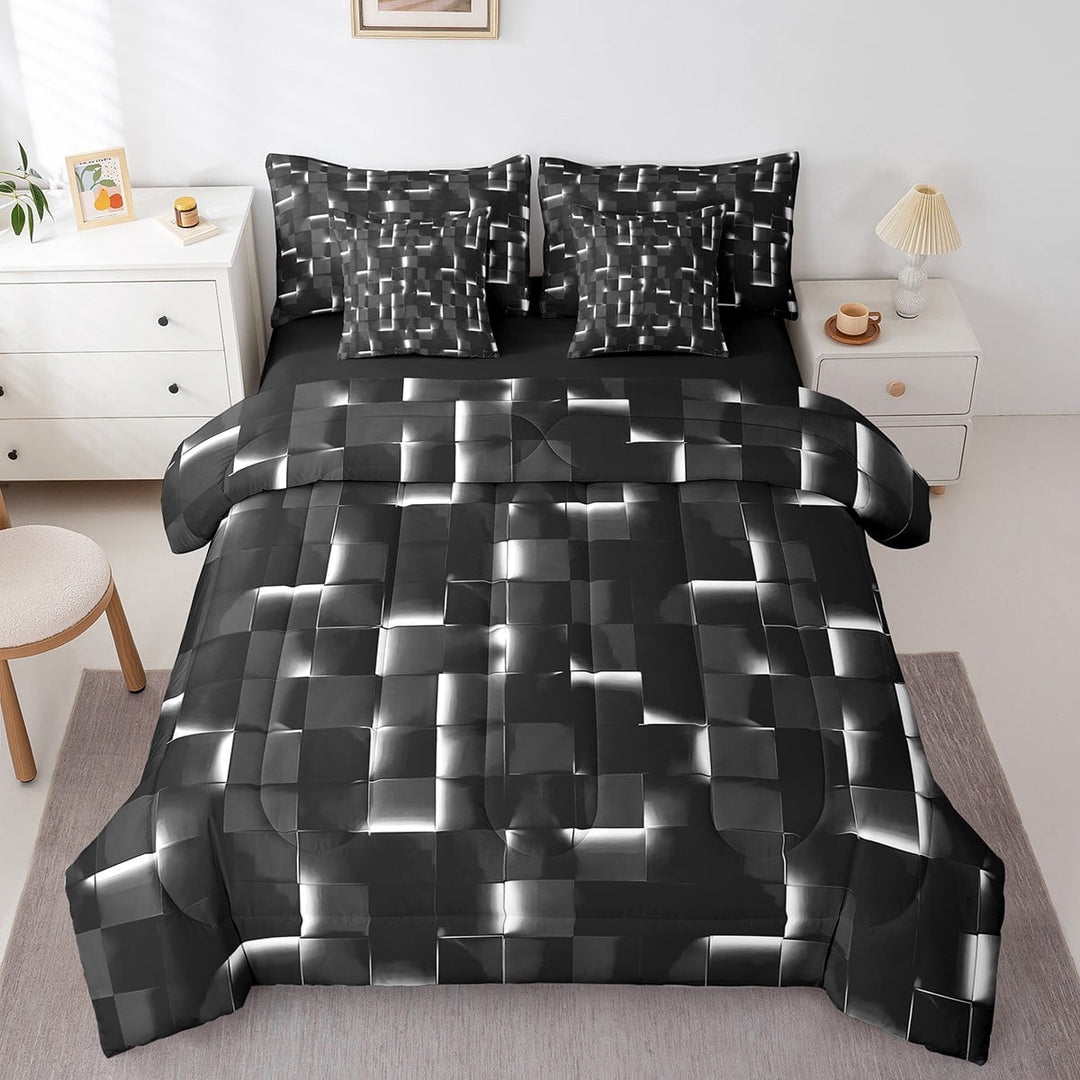 Erosebridal Geometric Plaid Bedding Sets Twin Size,Black White Comforter Sets with Sheets,Futuristic Cubes Bed in a Bag Twin size,Super Cozy Neon Bedroom Decoration,Reversible,7pcs