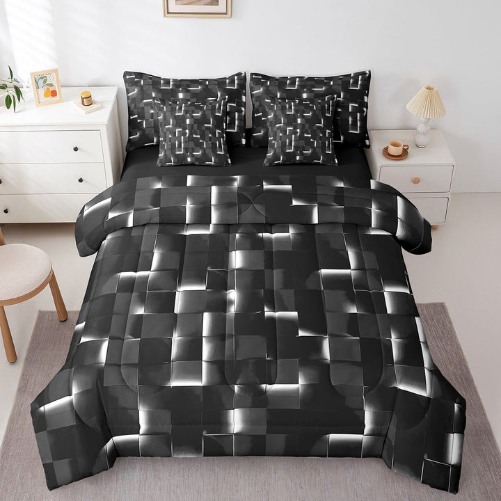 Erosebridal Geometric Plaid Bedding Sets Twin Size,Black White Comforter Sets with Sheets,Futuristic Cubes Bed in a Bag Twin size,Super Cozy Neon Bedroom Decoration,Reversible,7pcs