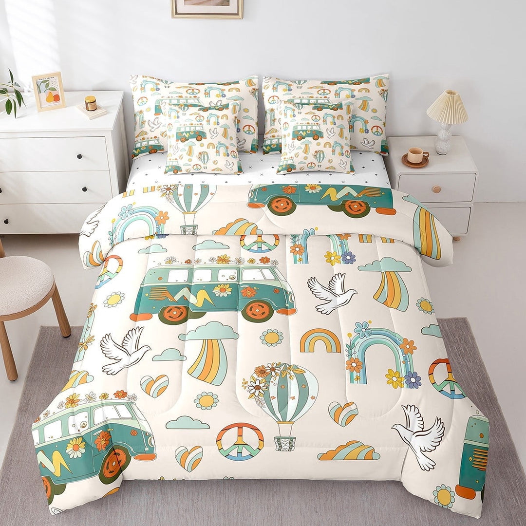 Erosebridal Twin Bed in A Bag 1960 1970 Comforter ,Rainbow Flower Bedding Set,Love and Peace Clouds Comforter Sets,Funky Hippie Floral Reversible Bed Sets Bedroom Decor,7 Piece
