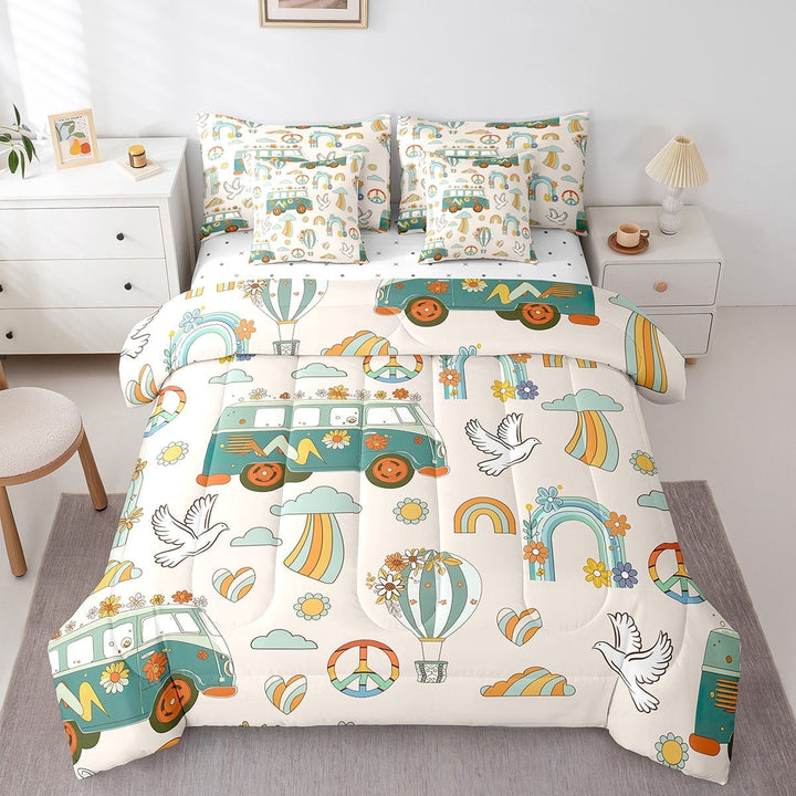 Erosebridal Twin Bed in A Bag 1960 1970 Comforter ,Rainbow Flower Bedding Set,Love and Peace Clouds Comforter Sets,Funky Hippie Floral Reversible Bed Sets Bedroom Decor,7 Piece