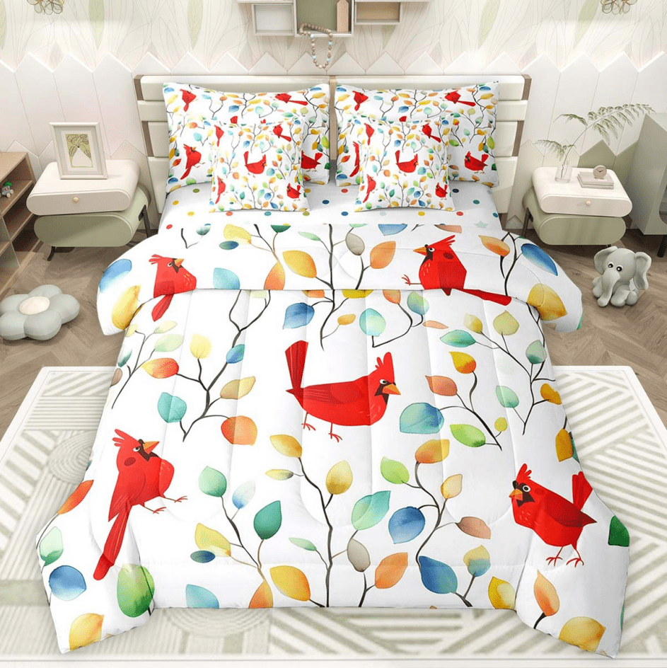 7Pcs Cardinal Bird Bedding Comforter Sets Boho Floral Bed in a Bag, Colorful Leaves Twin Bedding Sets Abstract Watercolor Plant Comforter Set, Wild Animal Bedding Sets