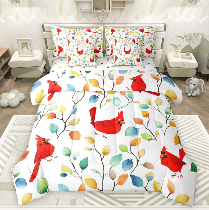 7Pcs Cardinal Bird Bedding Comforter Sets Boho Floral Bed in a Bag, Colorful Leaves Twin Bedding Sets Abstract Watercolor Plant Comforter Set, Wild Animal Bedding Sets