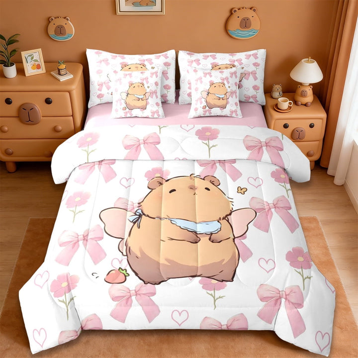 Erosebridal Capybara Lover 7-Piece Twin Bedding Sets For Kids,Cartoon Rodent Animals Capybara Bedding Comforter Set For Girls Boys ,Reversible Pink