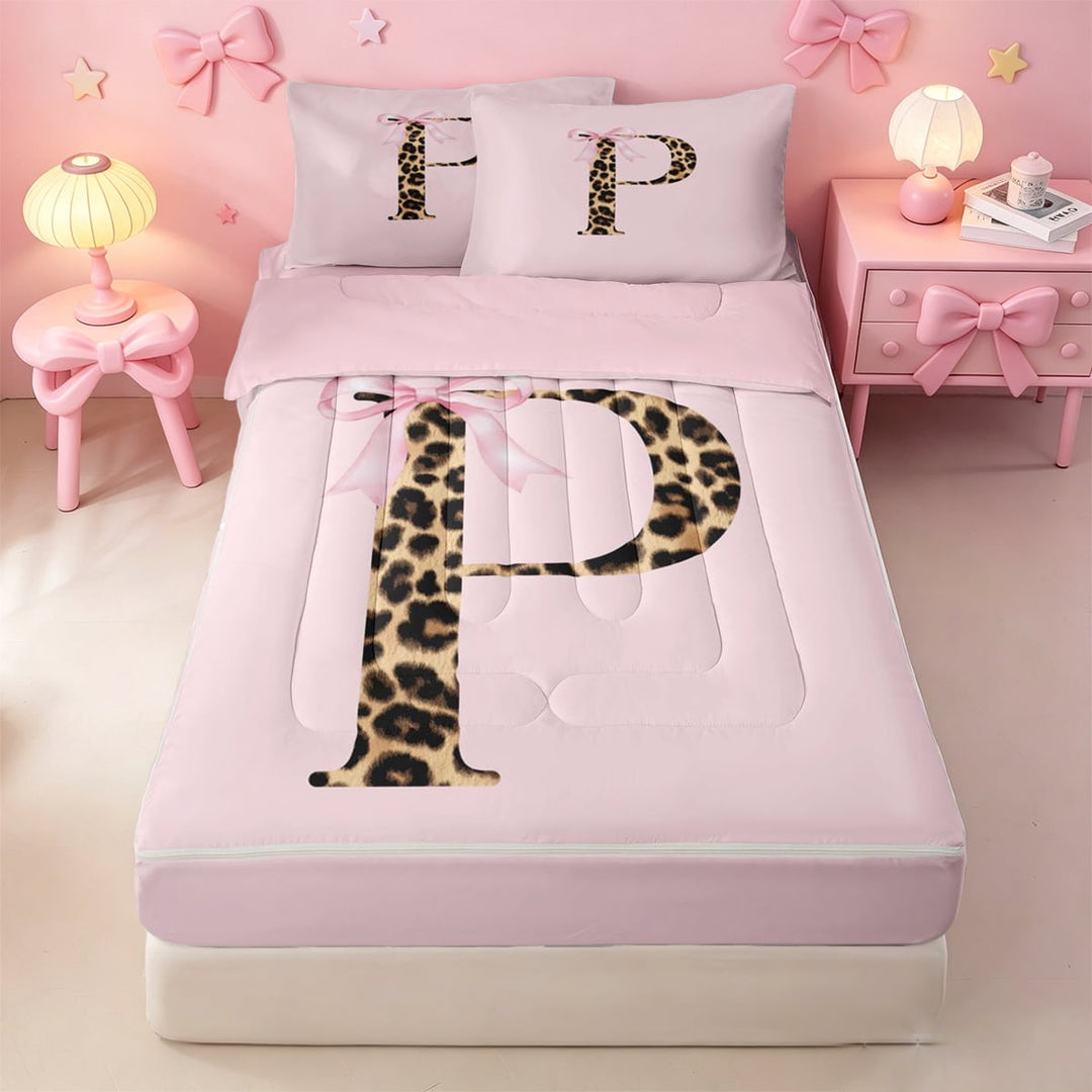 meiyoeat Leopard Bow Initial P Zipper Full Size Comforter Sets with Fitted Sheet and 2 Pillowcases,Pink Print Monogram Aesthetic Art Zipper Bedding Set For Girl,Pink Reversible,4 Pieces