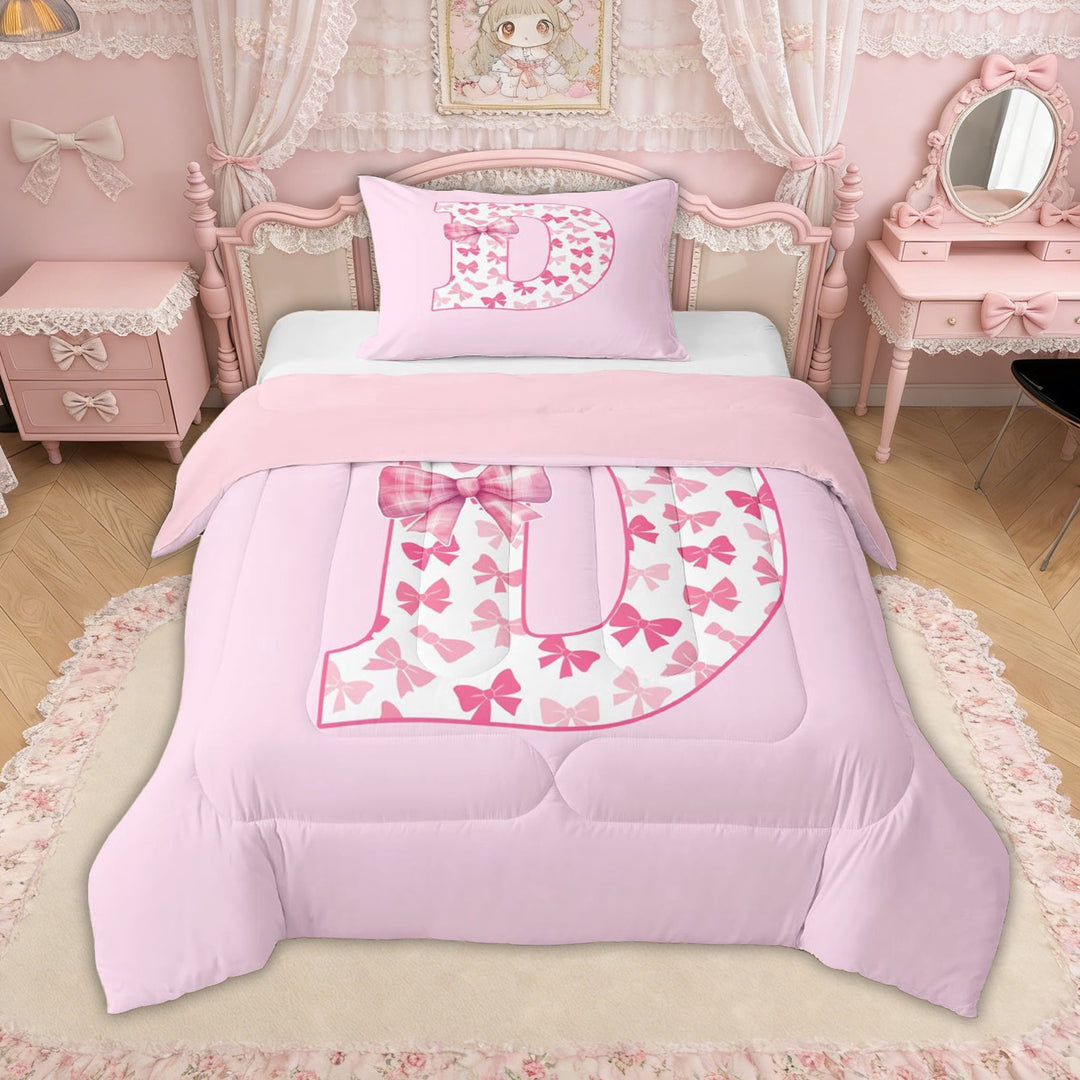 Erosebridal Bow Letter D Twin Comforter Sets for Girls, Pink Initial Ribbon Bedding Set, Pink Reversible, 2pcs
