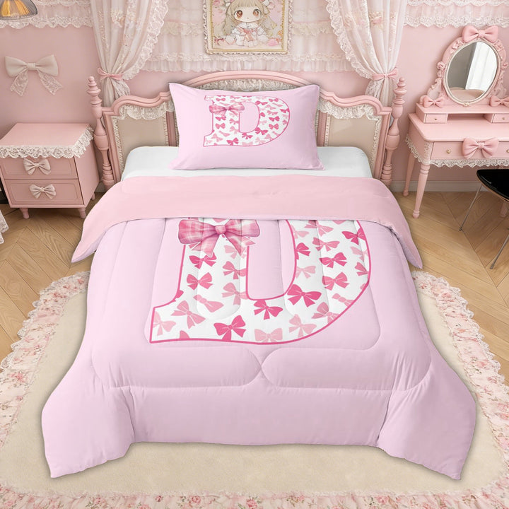 Erosebridal Bow Letter D Twin Comforter Sets for Girls, Pink Initial Ribbon Bedding Set, Pink Reversible, 2pcs