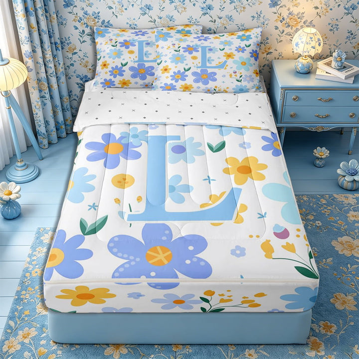 Meiyoeat Soft Floral Letter L Zipper Full Size Comforter Sets with Fitted Sheet and 2 Pillowcases for Girls Kids, Fresh Daisy Zipper Bedding Set for Nursery, Light Blue Yellow White,4pcs