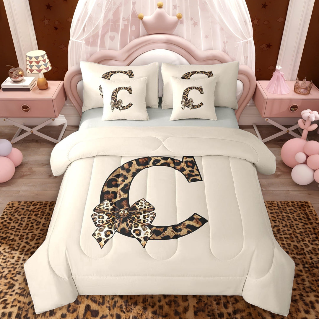 Erosebridal Vintage Leopard Print Bow Tie Twin Bedding Sets 7-Piece For Girls Boys,Adults Personalized Initial C Bedding Comforter Set,Grey Reversible
