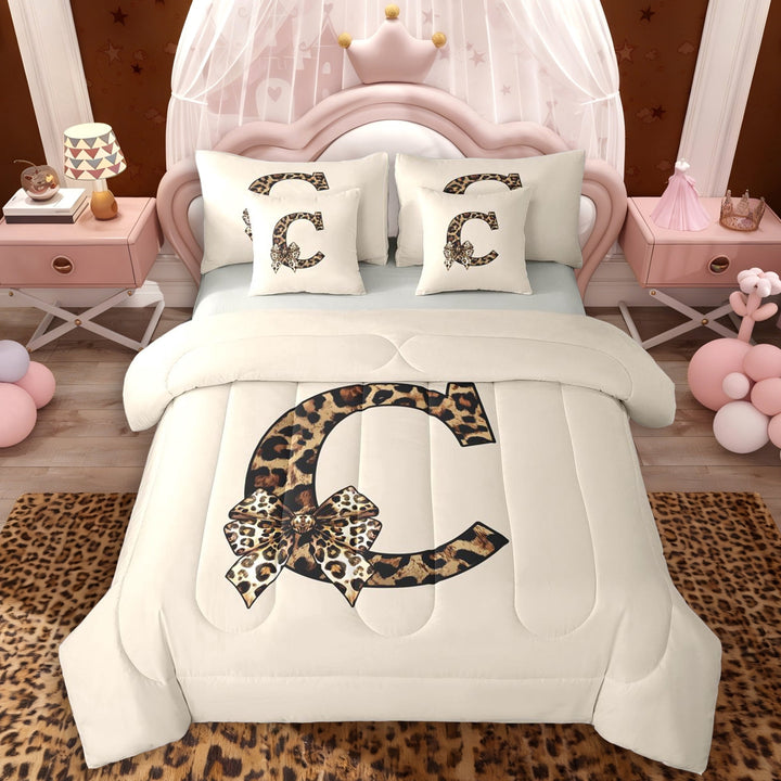 Erosebridal Vintage Leopard Print Bow Tie Twin Bedding Sets 7-Piece For Girls Boys,Adults Personalized Initial C Bedding Comforter Set,Grey Reversible