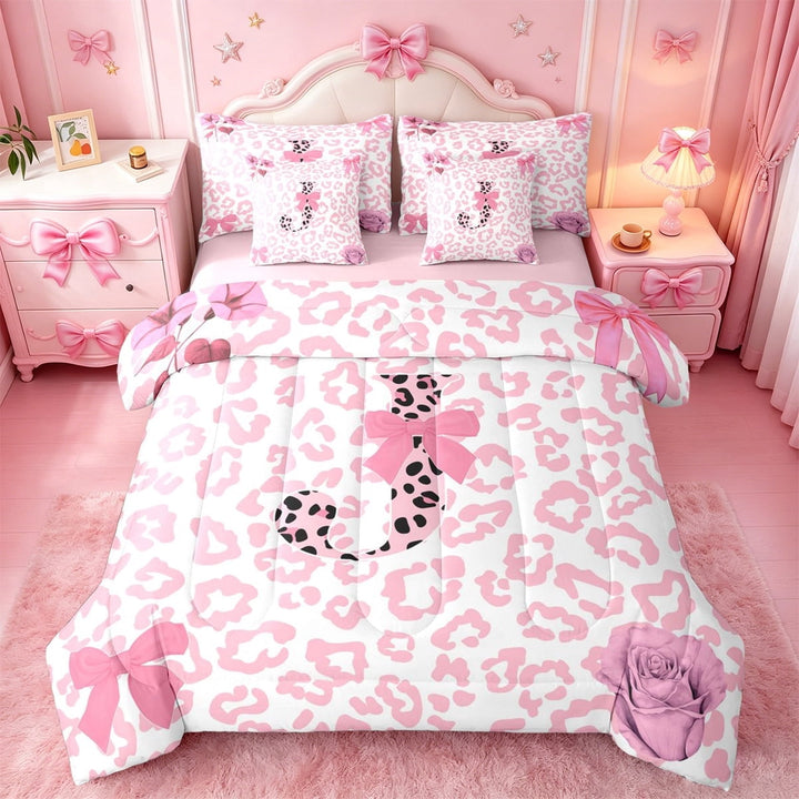 Erosebridal Fashion Pink Cheetah Pattern 7-Piece Twin Bedding Sets For Girls,Pink Bowtie Letter J Initial Monogram Bedding Comforter Set,Pink Reversible