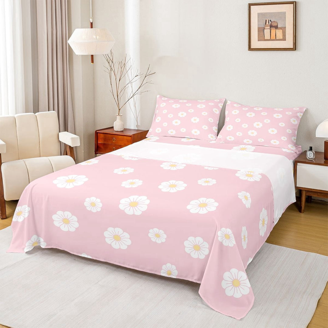 Erosebridal Chic Daisy Flower Queen Sheet Sets for Girls, Pink Bed Set, 1 Flat Sheet 1 Fitted Sheet and 2 Pillowcases, 4 Piece