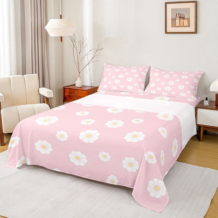 Erosebridal Chic Daisy Flower Queen Sheet Sets for Girls, Pink Bed Set, 1 Flat Sheet 1 Fitted Sheet and 2 Pillowcases, 4 Piece