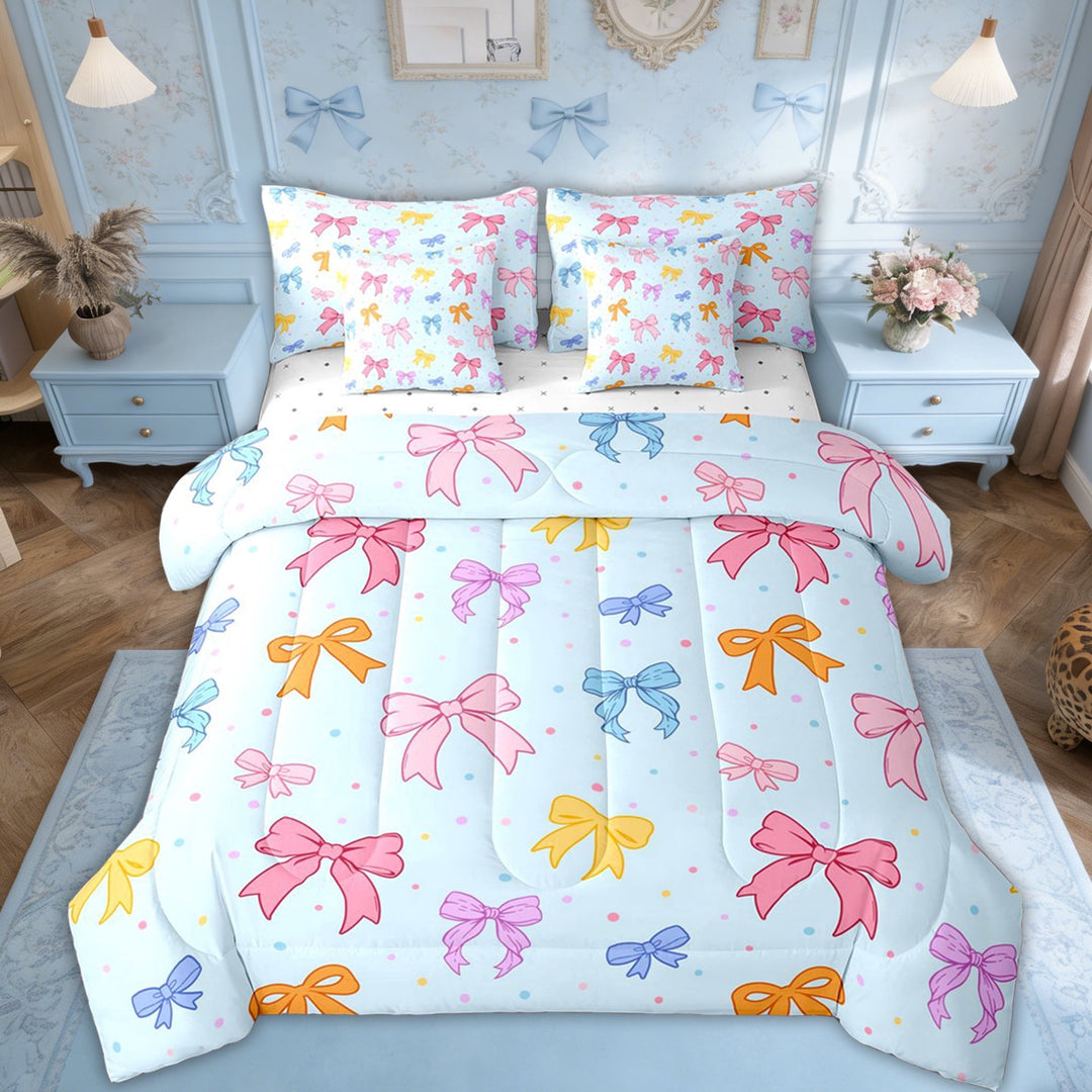 Erosebridal Blue Pink Bow Twin Bedding Sets for Girl, Cartoon Princess Bedding Comforter Set, 7pcs