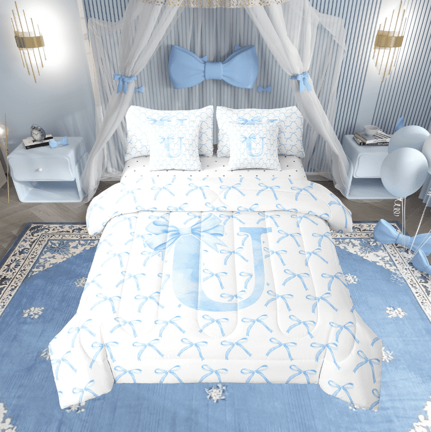 Erosebridal Initial Letter Bedding Sets Twin Size,Monogrammed Bowknot Comforter Sets with Sheets,Kawaii Decoration,Reversible,7pcs