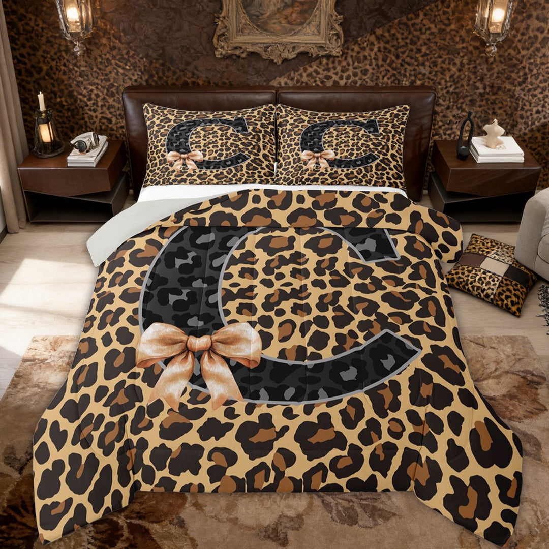 Erosebridal Fashion Leopard Print Full Size Comforter Sets, Ribbon C Letter Bedding Sets, Grey Reversible, 3 Pieces