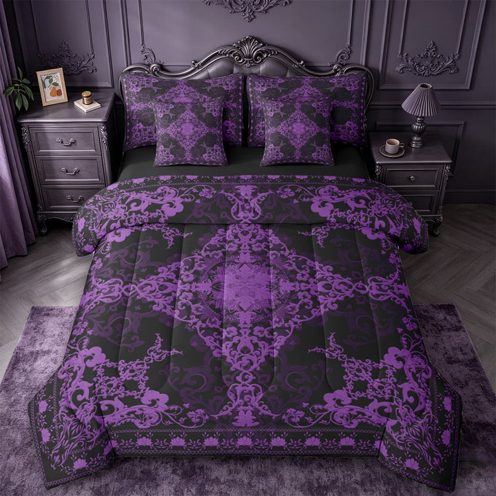 Erosebridal Vintage Victorian Flower 7pcs Bedding Comforter Set,Damask Theme Queen Bedding Sets For Men Women,Reversible black