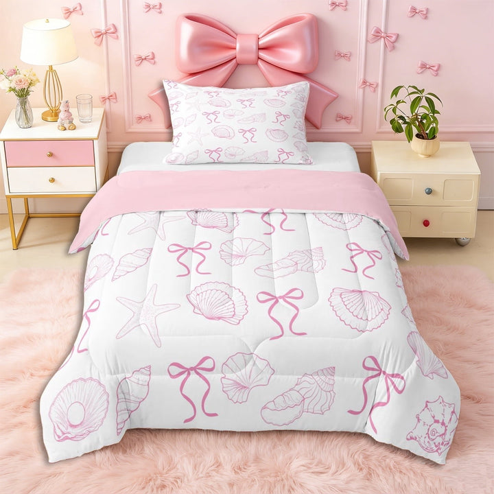 Erosebridal Pink Starfish Bow Knot Twin Comforter Sets 3-Piece for Girls,Ocean Theme Princess Bow Bedding Set for Teens Adults,Pink Reversible,Breathable Home Decor