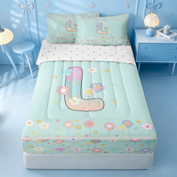 meiyoeat Watercolor Flower Initial L Zipper Full Size Comforter Sets with Fitted Sheet and 2 Pillowcases,Pastel Gradient Monogram Art Zipper Bedding Set For Girl,Reversible,4 Pieces