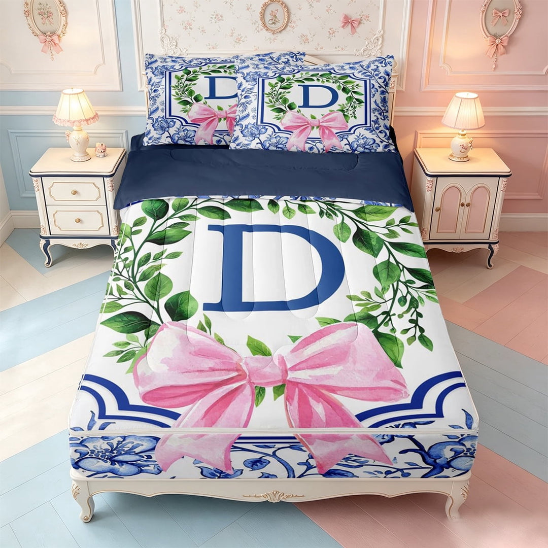 meiyoeat Blue Monogrammed Print D Zipper Full Size Comforter Sets with Fitted Sheet and 2 Pillowcases,Vintage Floral Zipper Bedding Set For Girls,Navy Blue Reversible,4 Pieces