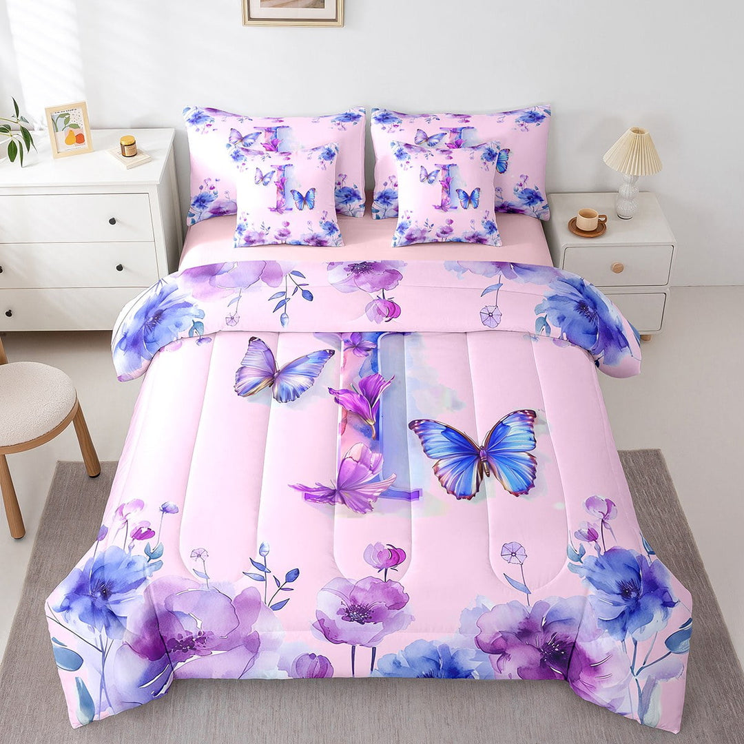 Erosebridal Letter I Bedding Sets Twin Size,Watercolor Butterfly Comforter Sets with Sheets,Tir-Dye Floral Bed in a Bag Twin Size For Girls Kids,Ultra Soft Bedroom Decorative Reversible,7-Piece