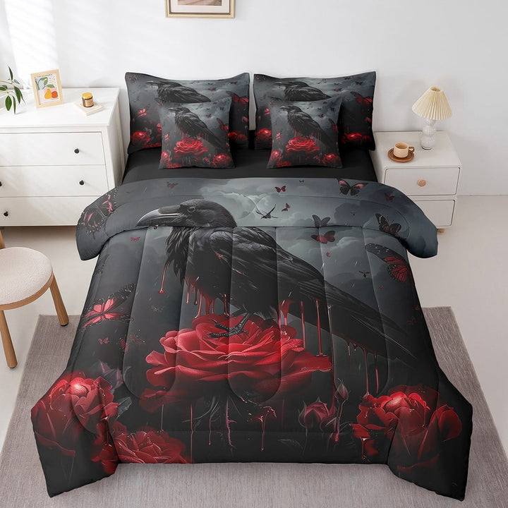 Erosebridal Floral Skull Bone Bed in a Bag Black Crow Moth Gothic Comforter Set with Sheets Valentine&