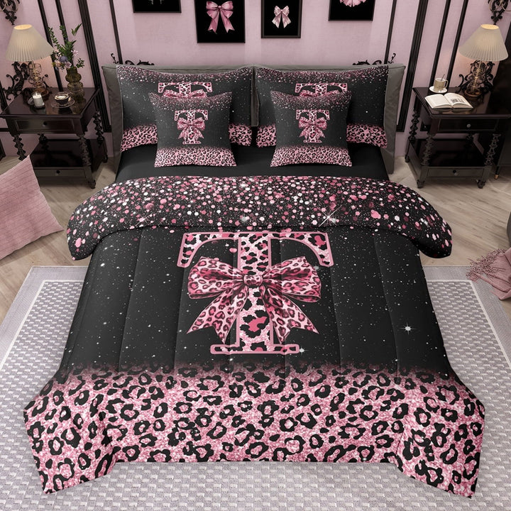 Erosebridal Cute Pink Leopard Print Twin Bedding Sets for Girls, Bowknot Letter T Bedding Comforter Set, Black Reversible 7pcs
