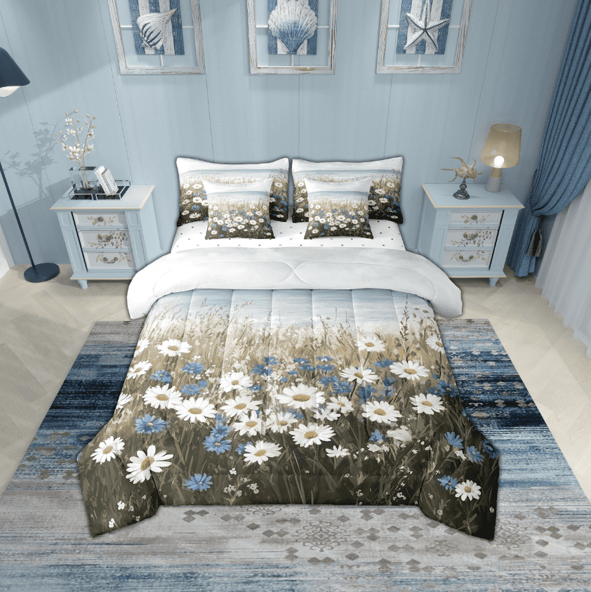 Erosebridal Floral Flower Bedding Sets Twin Size,White Blue Comforter Sets with Sheets,Sea Room Decorative,Reversible,Breathable,7pcs
