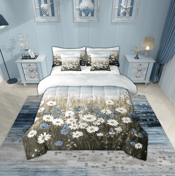 Erosebridal Floral Flower Bedding Sets Twin Size,White Blue Comforter Sets with Sheets,Sea Room Decorative,Reversible,Breathable,7pcs