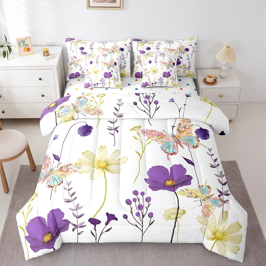 7 Piece Watercolor Floral Comforter Set With Sheets Twin,Purple Yellow Flower Butterfly Bedding Sets For Teens Women,Rustic Farmhouse Bedding Comforter Sets Pastoral Branches Aesthetic Bed Set