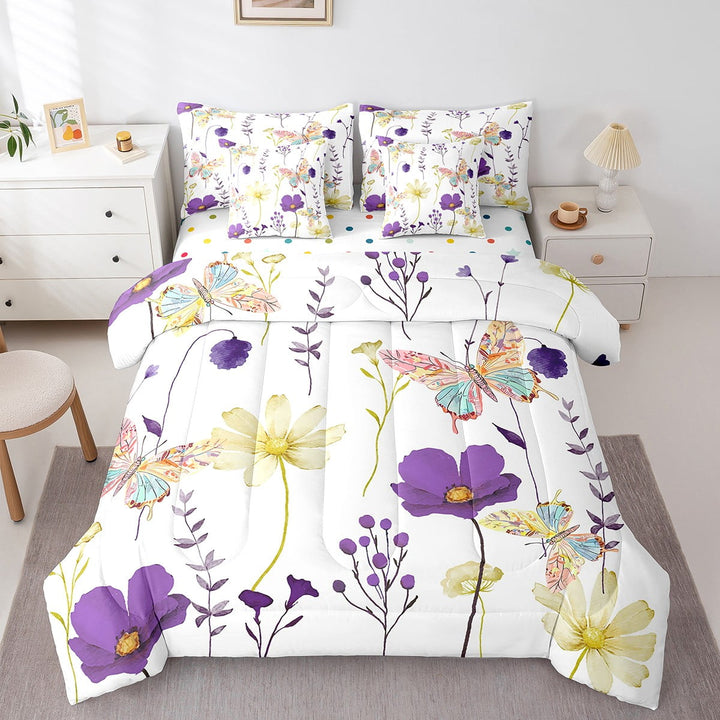 7 Piece Watercolor Floral Comforter Set With Sheets Twin,Purple Yellow Flower Butterfly Bedding Sets For Teens Women,Rustic Farmhouse Bedding Comforter Sets Pastoral Branches Aesthetic Bed Set