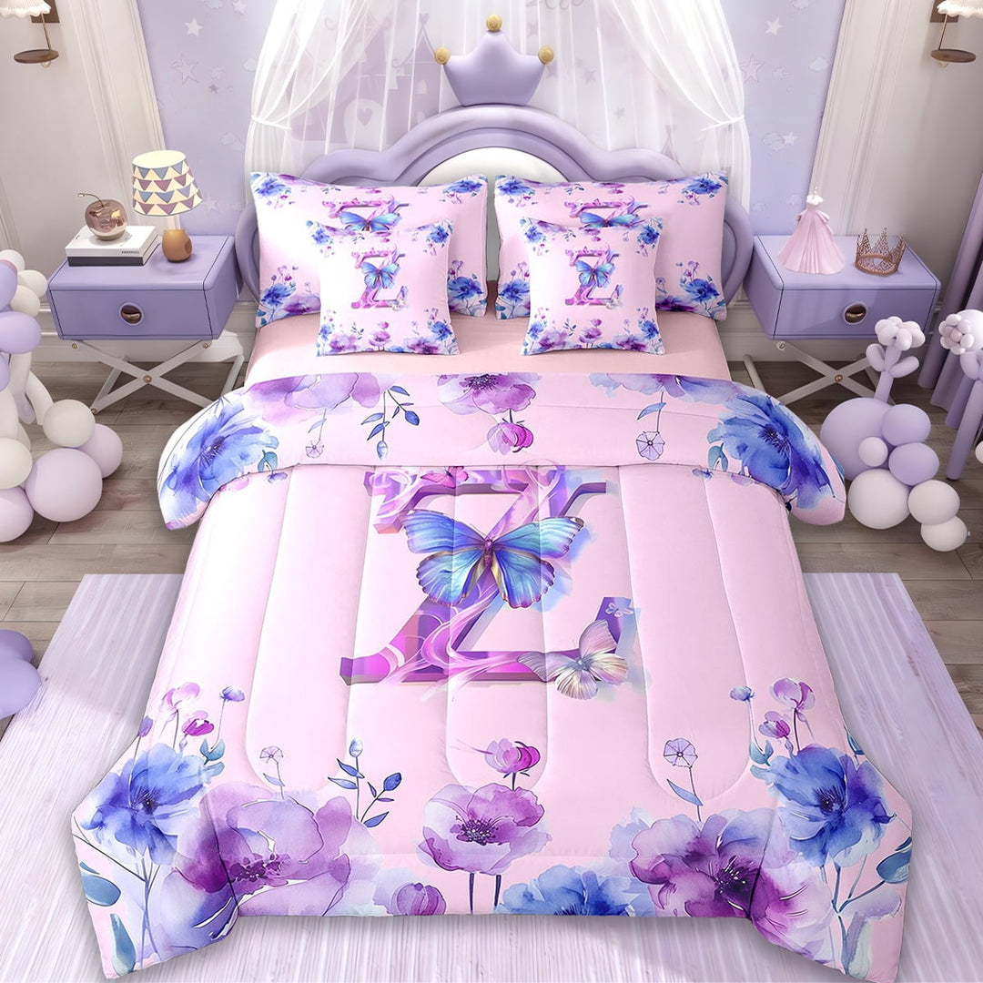 Erosebridal Butterfly Bedding Twin Size,Personalized Letter Z Bed Set,Pink Purple Flower Bedding Sets Twin Size For Girl,Microfiber Room Decoration Reversible,7pcs